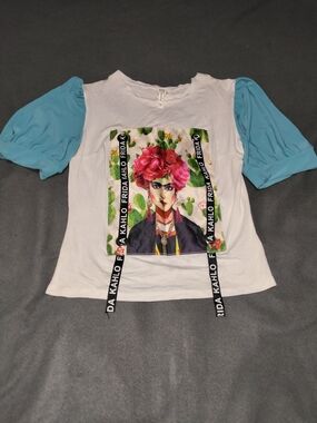 Frida Kahlo Graphic Tee with Blue Puff Sleeves